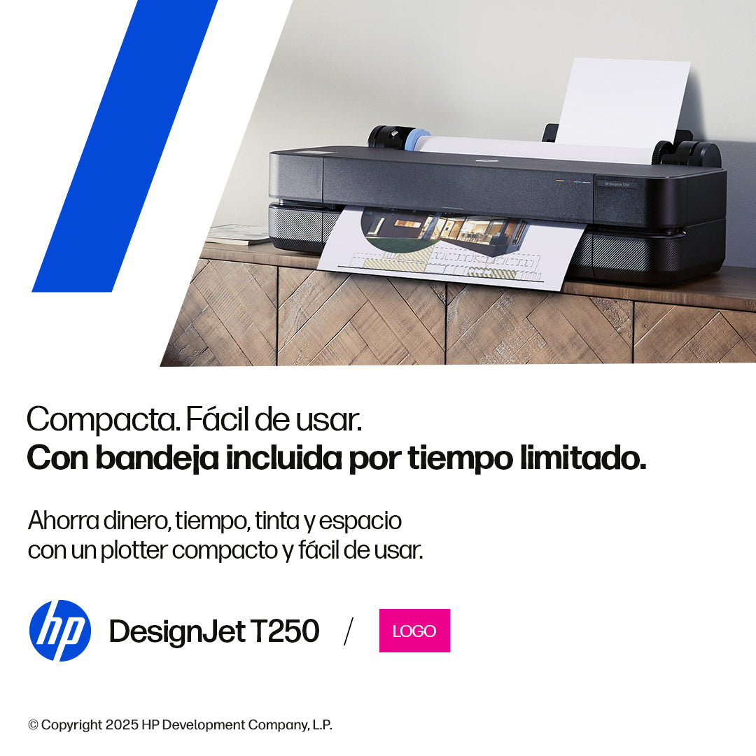 Pack Plotter HP T250 + Bandeja de alimentación hojas + Papel Bond 24" 0,61m X 50m